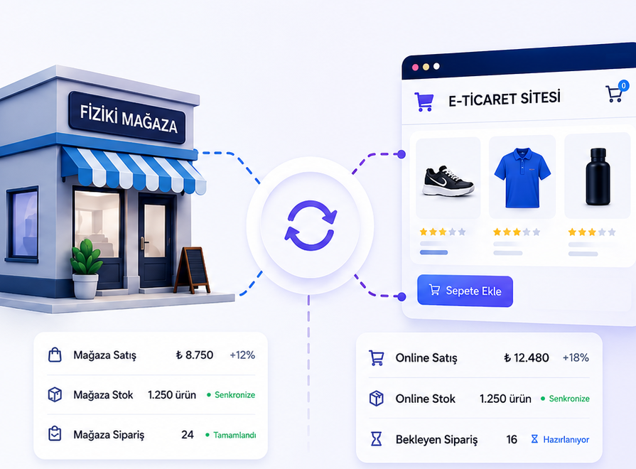Fiziki mağaza ile e-ticaret sitesi arasında stok, sipariş ve satış verilerinin anlık senkronizasyonu