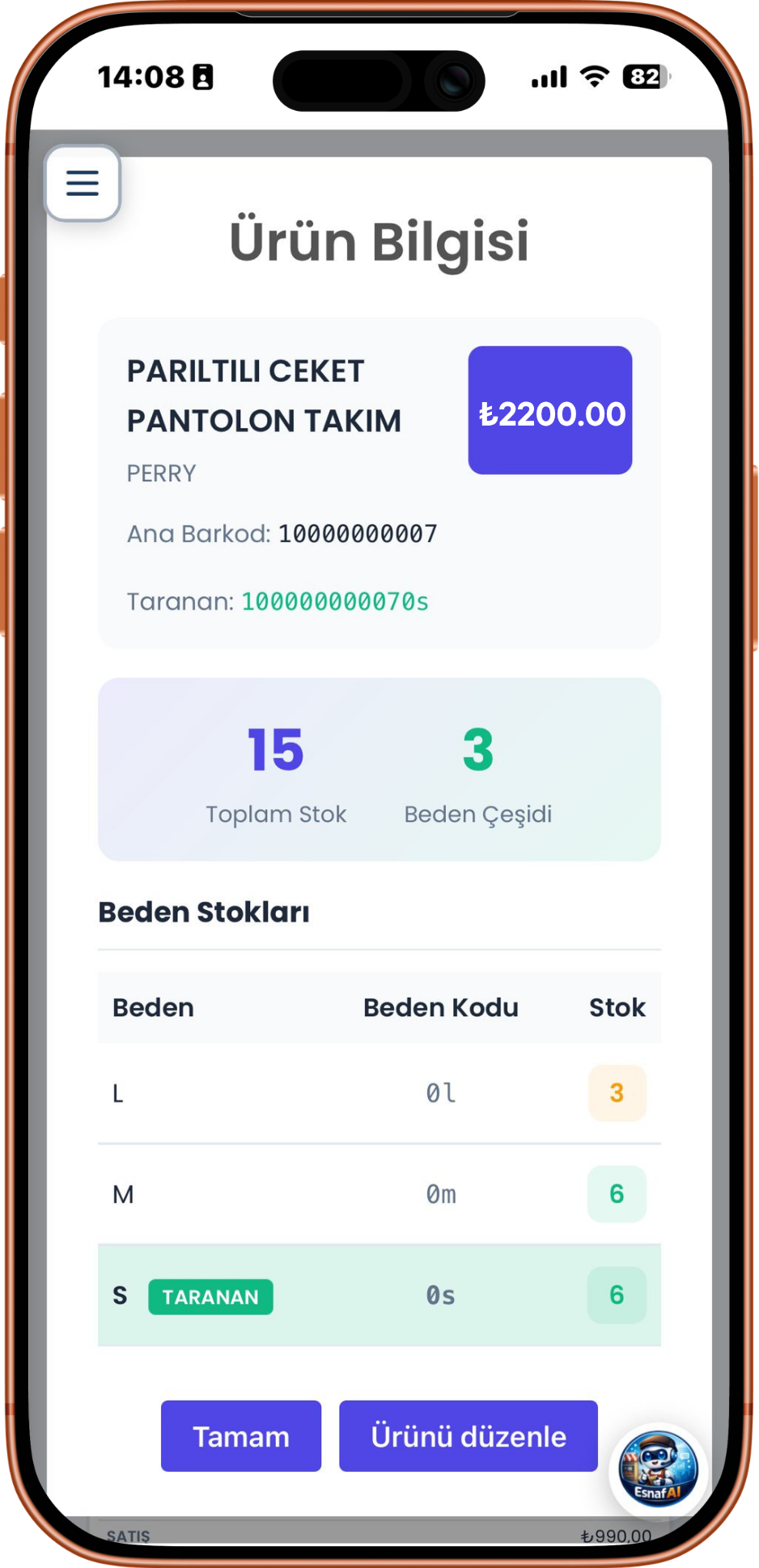 Giyim mağazası programı mobil beden stokları: renk ve beden bakiyesi