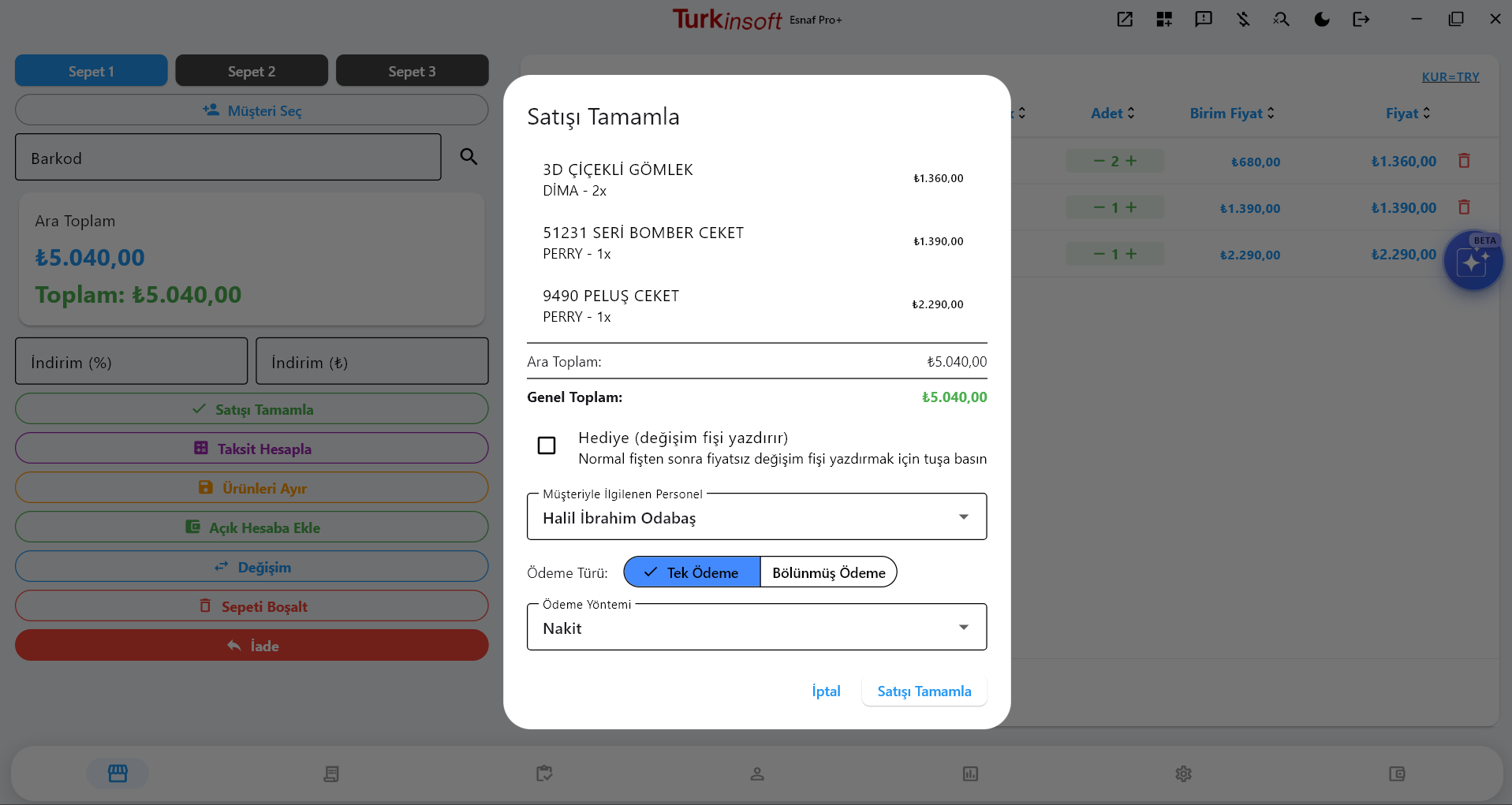 Kasa programı satış tamamlama ekranı