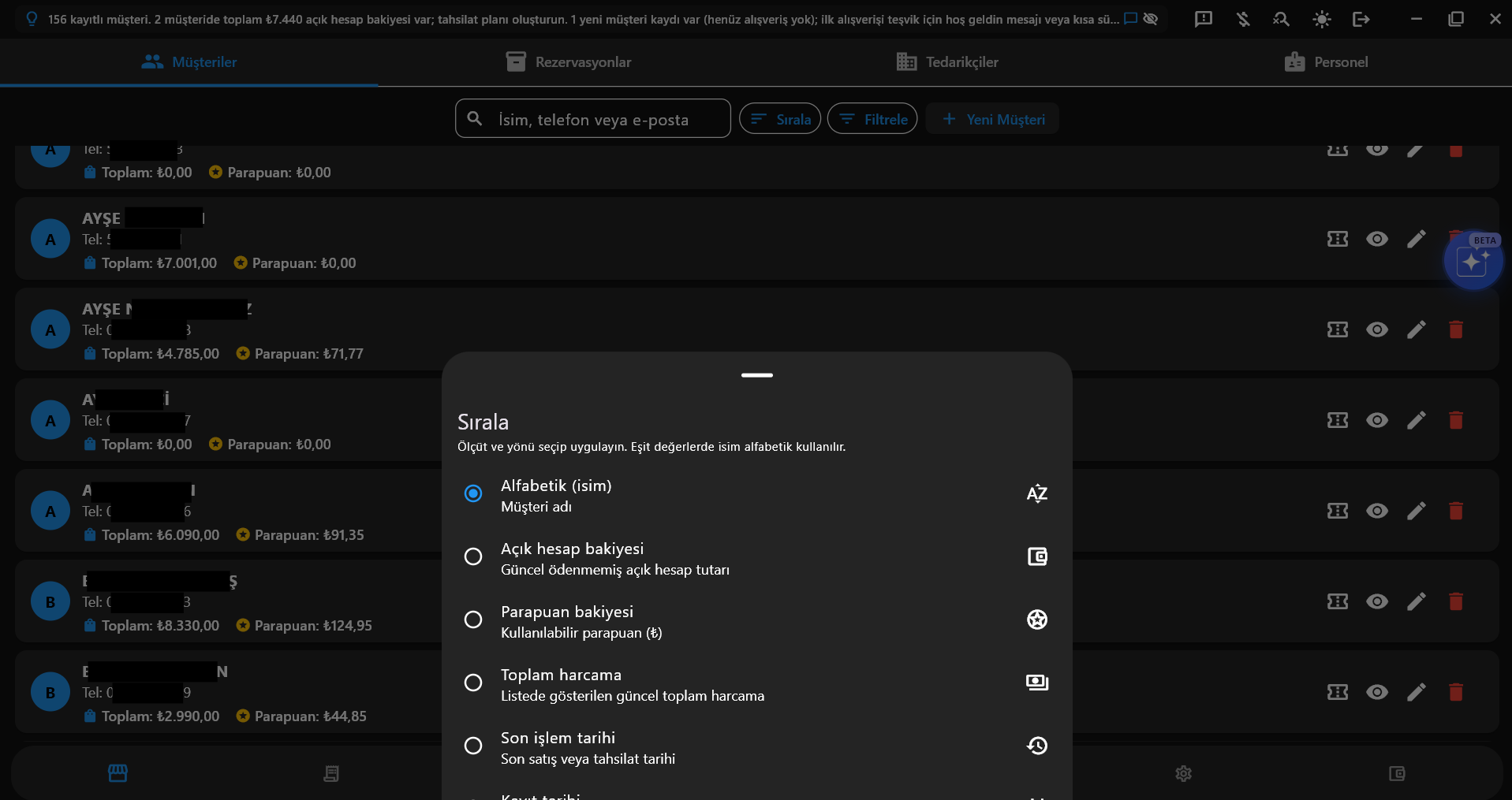 Cari takip programı müşteri listesi: açık hesap ve parapuan bakiyesi