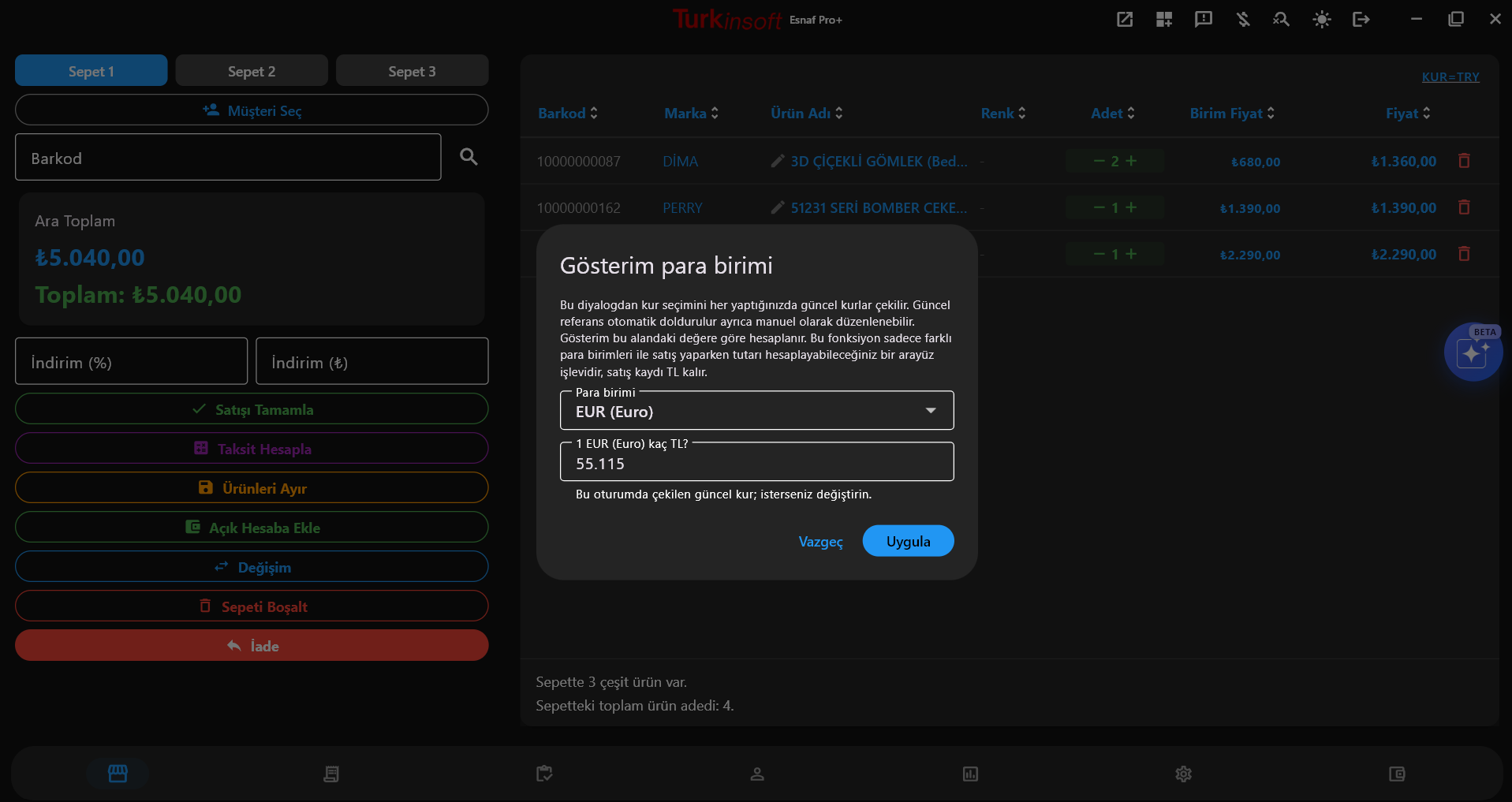 Giyim mağazası programı döviz kur modülü