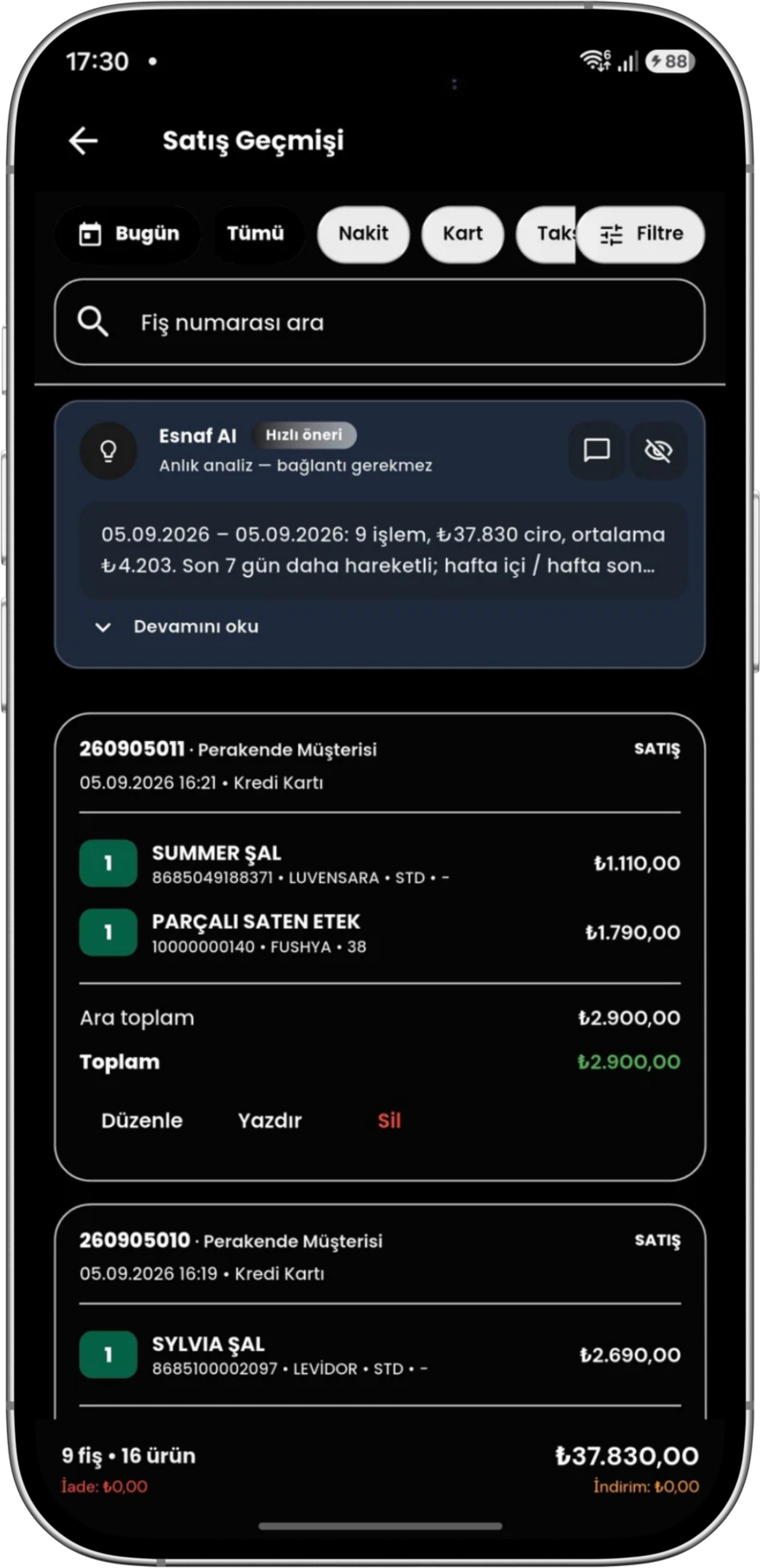 Esnaf POS mobil satış geçmişi: fiş, iade ve değişim kayıtları