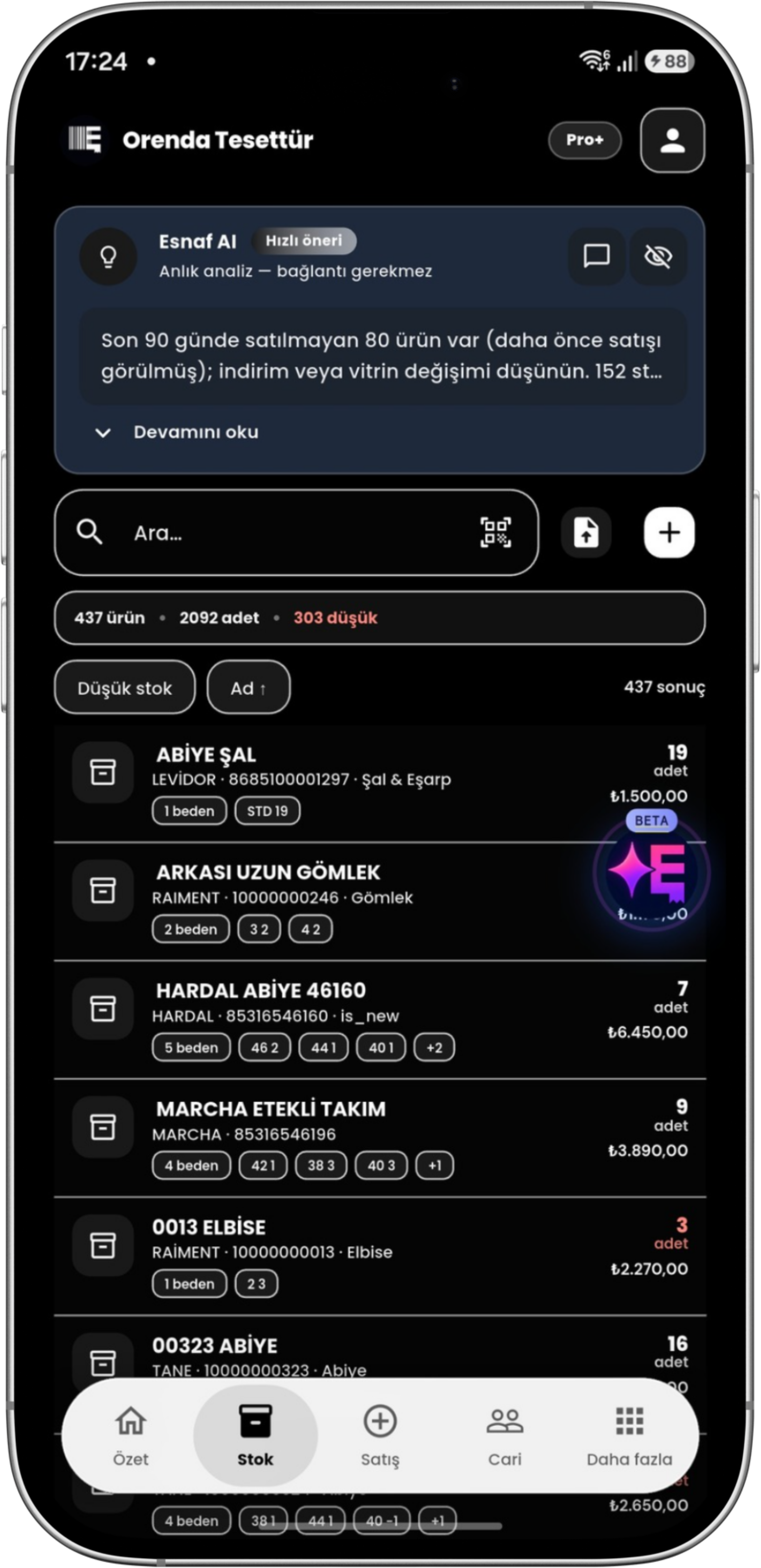 Esnaf POS mobil stok ekranı: renk, beden ve ürün bakiyesi